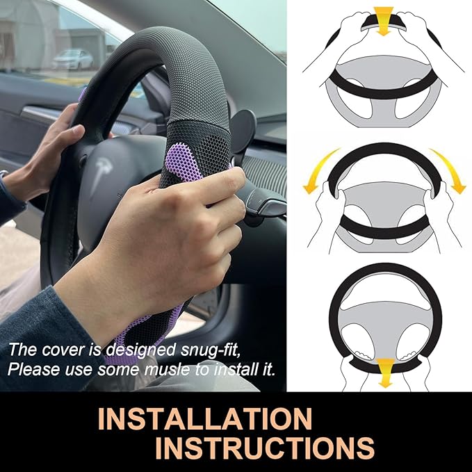 PINCTROT Comfy Grip Steering Wheel Cover for Tesla Model Y/3 2016-2025 2026 Standard/Highland/Juniper, D Shaped 14 Inch Small Sized, Flat Bottom with 3D Honeycomb Anti-Slip Design (Comfy Grip Purple)