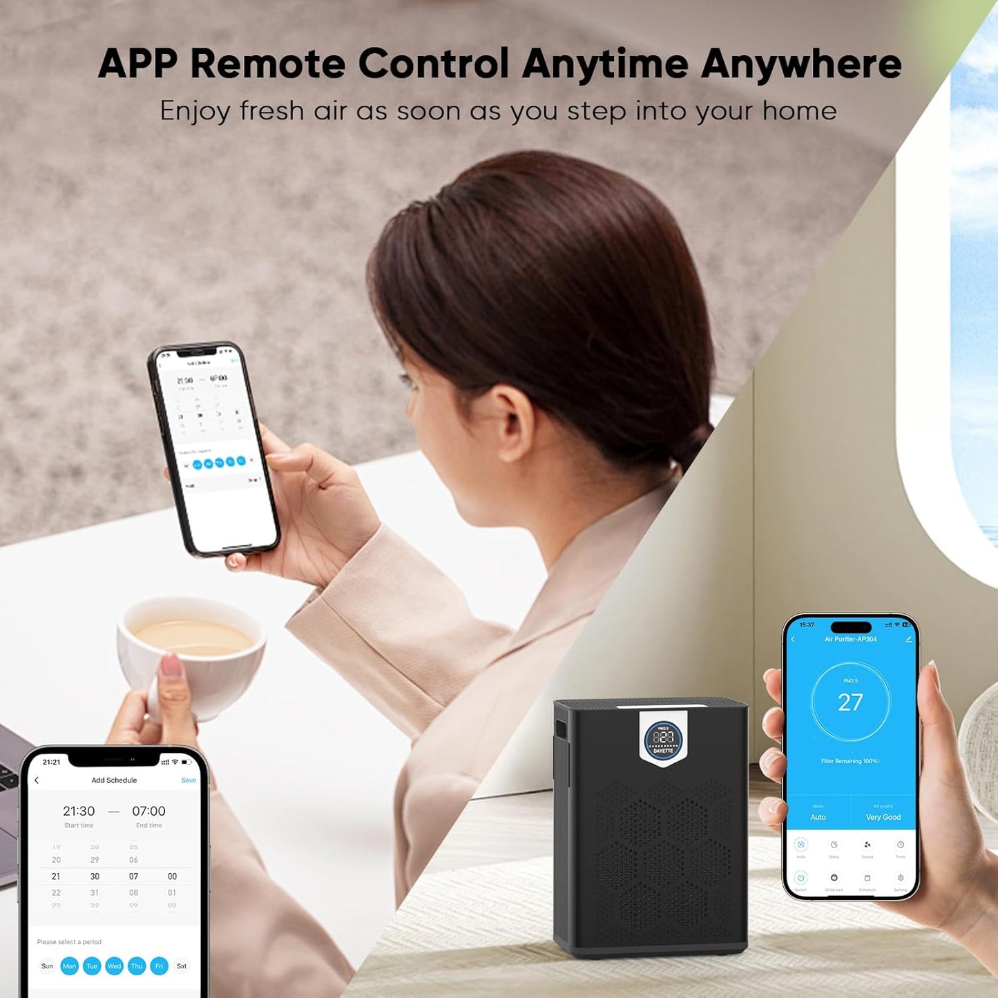 Smart Air Purifiers for Home Large Room, H14 Air Purifier with Washable Filters Up to 3000 Ftยฒ, APP & Voice Control & 22 dB Sleep Mode for Bedroom Living Room, Black