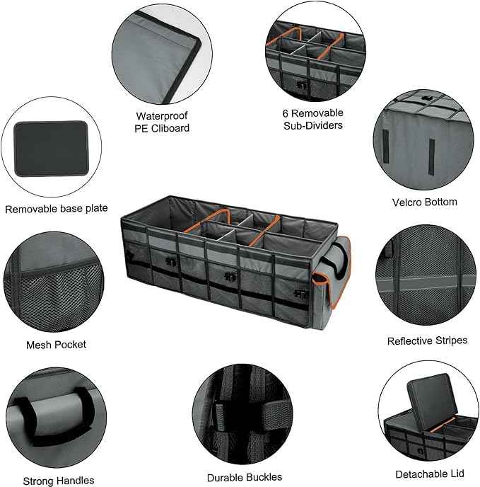 Car Trunk Organizer and Storage with Removable Leakproof Cooler Bag, 6 Removable Dividers for Custom Space, Collapsible Trunk Storage with Non Slip Bottom, Foldable Cover for SUV, Jeep, MPVs