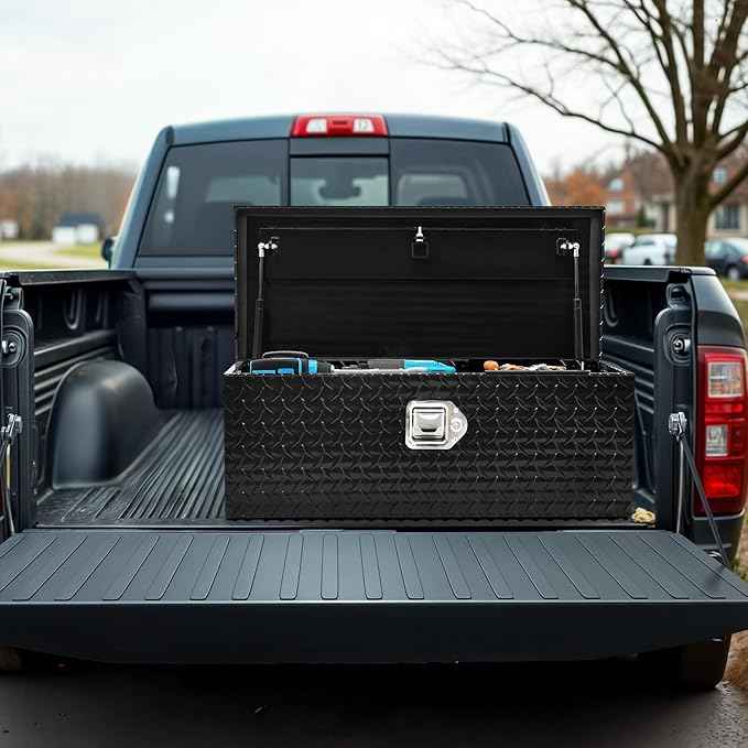 AUTOSAVER88 30 Inch Truck Bed Tool Box, Heavy Duty Aluminum Diamond Plate Tool Box Chest, Waterproof Chest Storage Box with Sliding Shelf and Lock for Trucks, Trailers, RVs, Warehouses