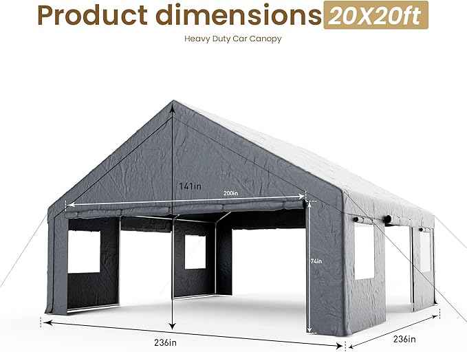 COSIEST 20'×20' Storage Shelter Outdoor Gable Roof Carport with Removable Side Walls, Heavy-Duty Garage Canopy Weatherproof PE Cover, Multi-Purpose Vehicle/Tractor Shed for Backyard/Driveway(Gray)