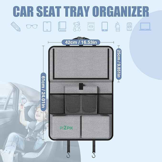 Car Backseat Organizer with Tablet Holder,11 Storage Pockets with Foldable Food Tray, Protector Kick Mats for Kids, Travel Accessories Organizer (Gray, 2Pack with Food Tray)