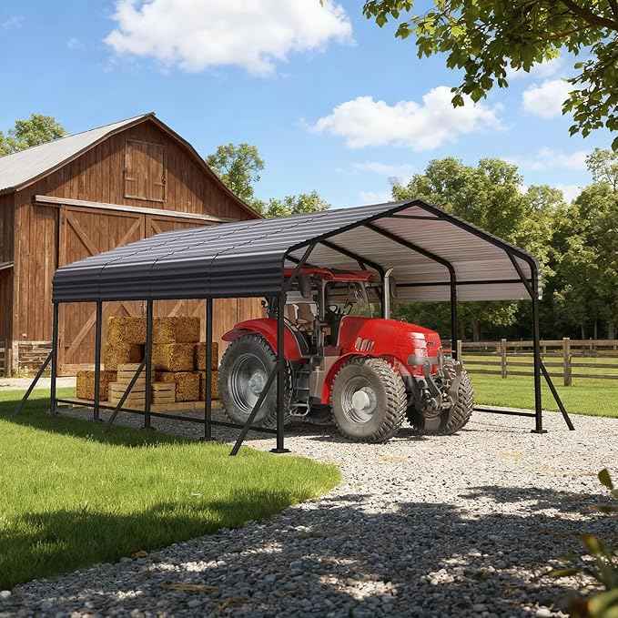 EROMMY 12' x 20' Heavy Duty Metal Carport with Galvanized Steel Roof & Base for All-Weather Protection, Outdoor Carport Garage, Versatile for Car, Boat, Tractor, and Party Use, Dark Gray