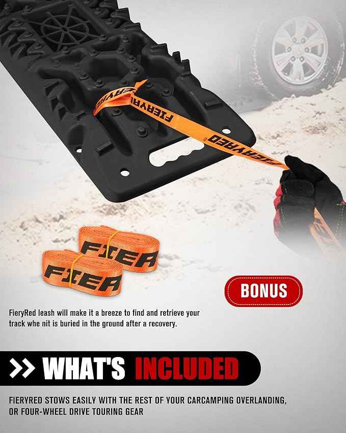 FieryRed Traction Boards Offroad, Recovery Boards with Jack Lift Base, 2Pcs Traction Mat Recovery Tracks for Sand Mud Snow Track Tire Ladder 4X4, Come with 2 Leashes, Black GEN2th