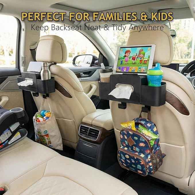 Backseat Car Organizer, 4 in 1 Multifunctional Car Back Seat Storage Organizer with Tissue Box, 2 Cup Holders, Phone Stand and Hooks, Automotive Seat Back Organizers (Brown)