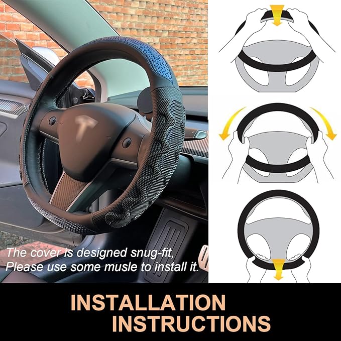 PINCTROT Great Grip Steering Wheel Cover for Tesla Model Y/3 2016-2025 2026 Standard/Highland/Juniper, D Shaped 14 Inch Small Sized, Flat Bottom with 3D Honeycomb Anti-Slip Design (Great Grip Blue)