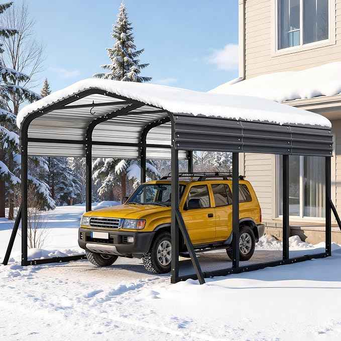 10x15FT Metal Carport, Heavy Duty Car Garage w/Reinforced Support Rods and Windproof Ground Anchors, All-Weather Multi-Use Outdoor Shelter for Car, Boats and Truck