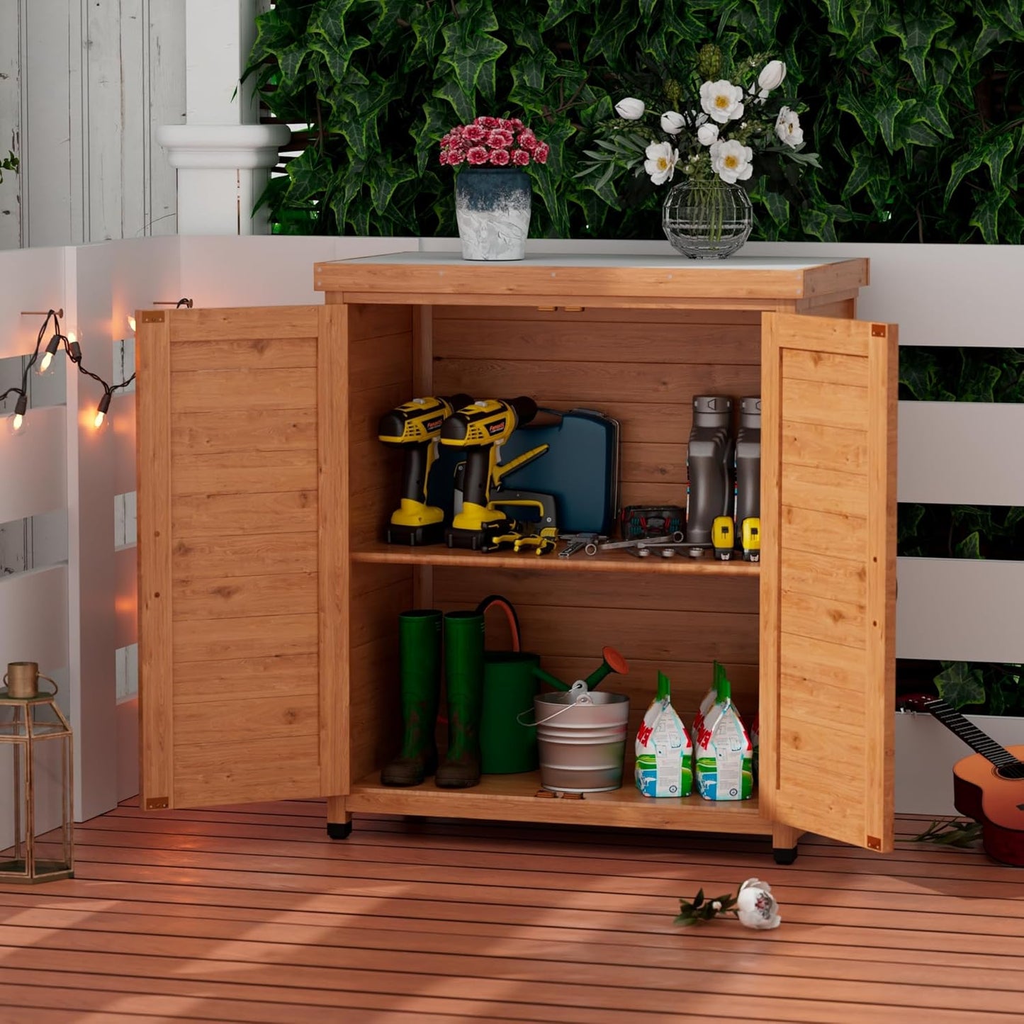Outdoor Storage Shed Waterproof, Potting Shed with Storage Cabinet and Metal Table Top for Backyard Garden Patio, Outdoor Work Station Table, Light Brown