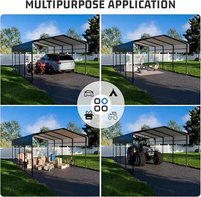 12x20FT Heavy Duty Metal Carport with Canopy, Galvanized Steel Frame & Roof with Reinforced Base, All-Weather Protection for Vehicles, Boats and Outdoor Storage