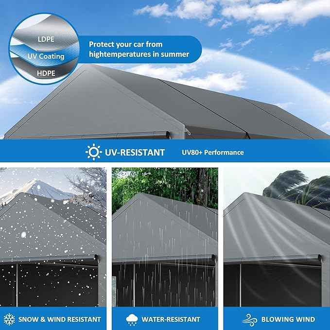 Polar Aurora 13x25 FT Heavy Duty Carport with All-Season Tarp, Portable Garage Tent with Roll-Up Windows & Side-Opening Door, Enclosed Car Port Canopy with Galvanized Frame for Car, SUV, Truck, Boat