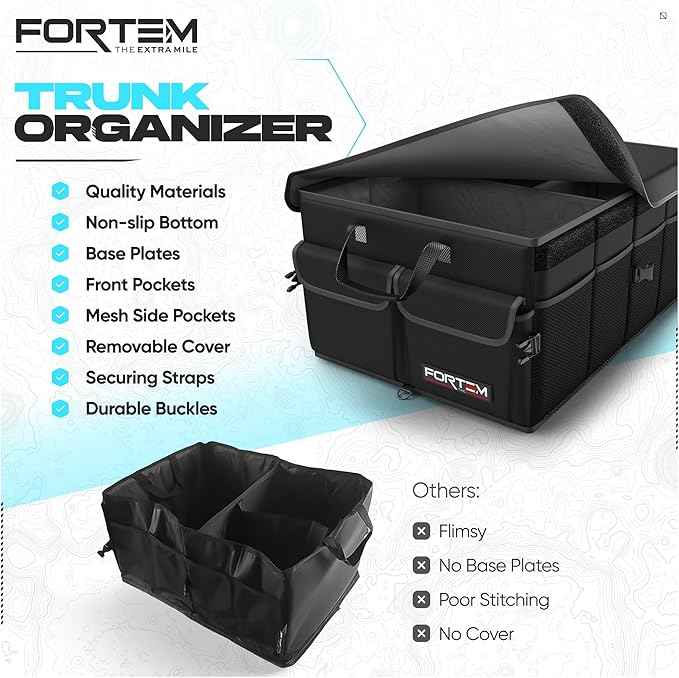 FORTEM Trunk Organizer For SUV Car Trunk Organizer, Foldable Storage, Car Accessories for Women Men, Collapsible Bag, Perfect Christmas Gifts, 600D Oxford, Non Slip Bottom, Straps, Soft Cover (50L)