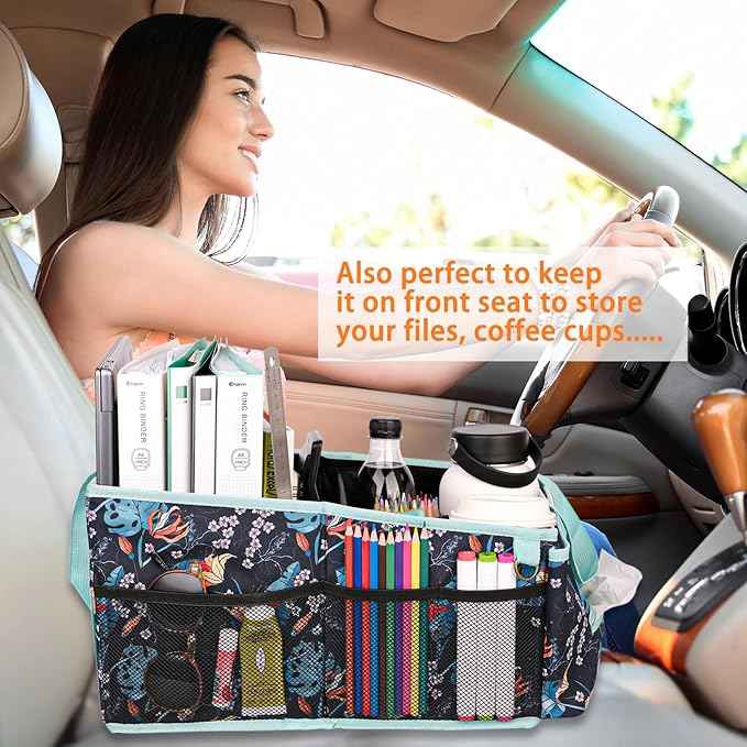 HEYSKAY Car Seat Organizer-Passenger Seat Organizer, Collapsible Small Car Seat Organizer for Console Front/Back, Car Caddy with 4pc Drink Holders Automotive Backseat Organizer for Kids