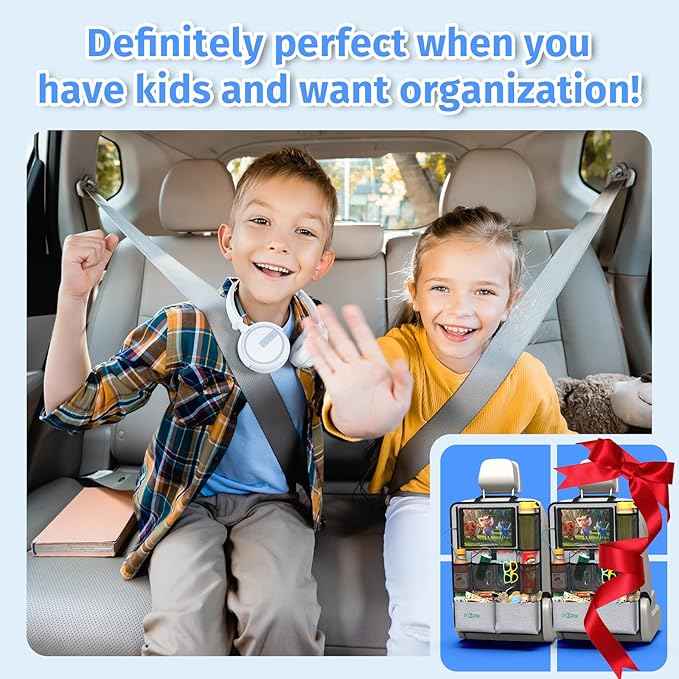 Car Backseat Organizer with Tablet Holder,11 Storage Pockets with Foldable Food Tray, Protector Kick Mats for Kids, Travel Accessories Organizer (Gray, 2-Pack)