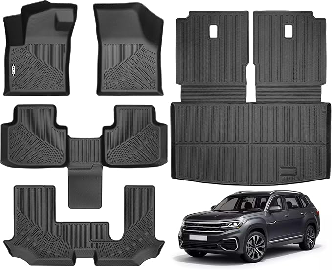 Custom Fit Floor Mats for Volkswagen Atlas 6 Seats/Captain Seat 2018-2026, All Weather TPE Floor Liners with Trunk Mat & Backrest Protectors, Odorless Full Set Interior Accessories