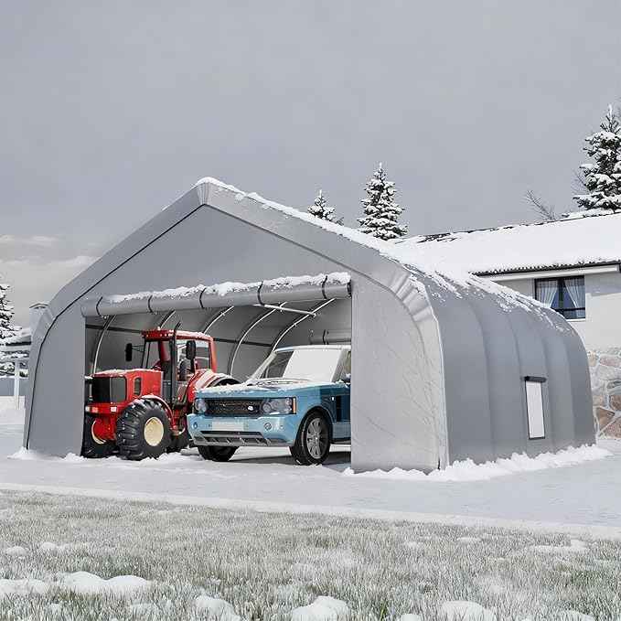 EROMMY 20x20 FT Heavy Duty Durable Carport, Silver Gray, Galvanized Steel Frame Garage Shelter and Outdoor Storage, Waterproof 3-Layer PE Cover, Fits 2 Cars, Boat, Farm Equipment
