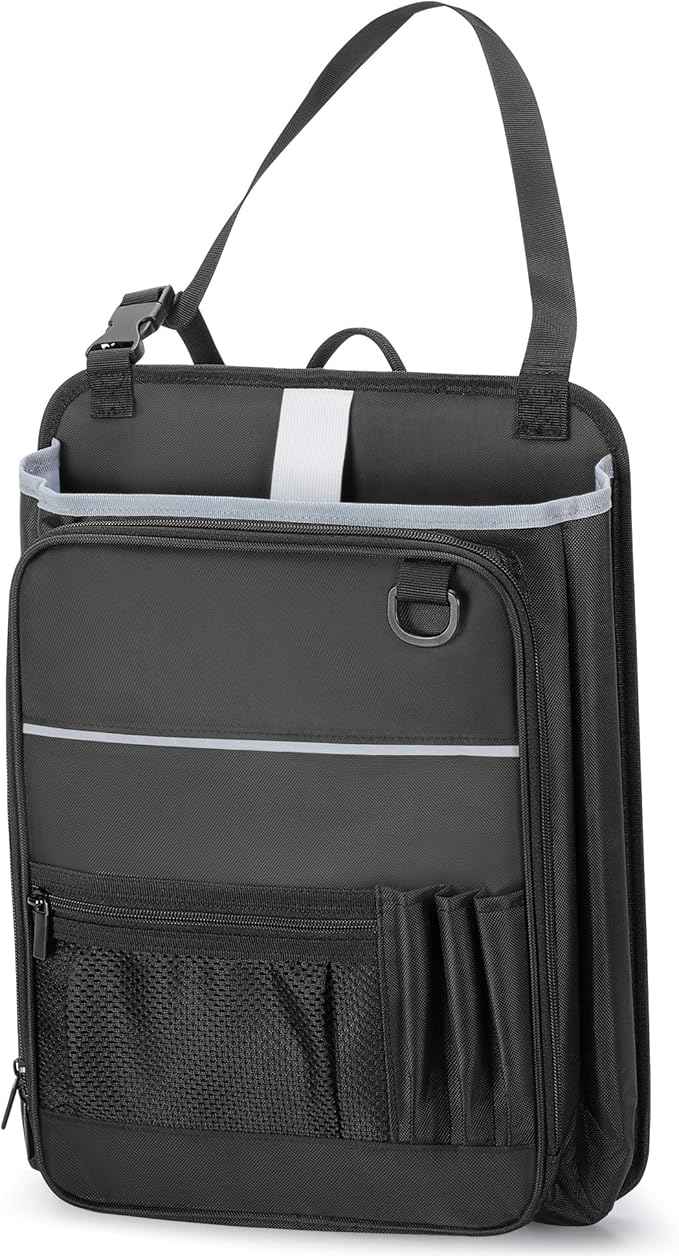LUXJA Car Front Seat Organizer with Accordion File Pocket, Passenger Seat Organizer with Laptop Sleeve (Up to 15.6 In) and Adjustable Strap, Black