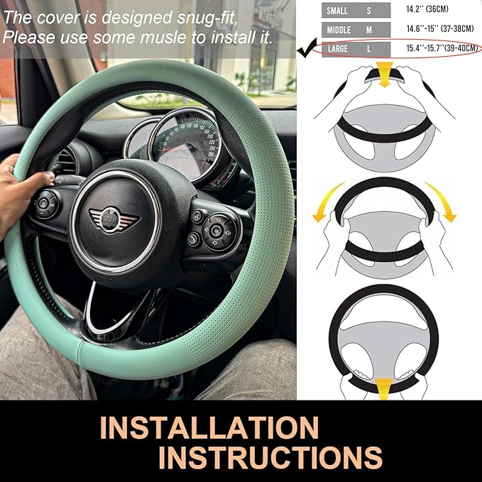 PINCTROT Large Size Nappa Leather Steering Wheel Cover, Slim Fit No Bulk Design, One Piece Leather with Breathable Perforation, Fit Like Gloves, 15.5-15.75 Inch(Nappa Mint)