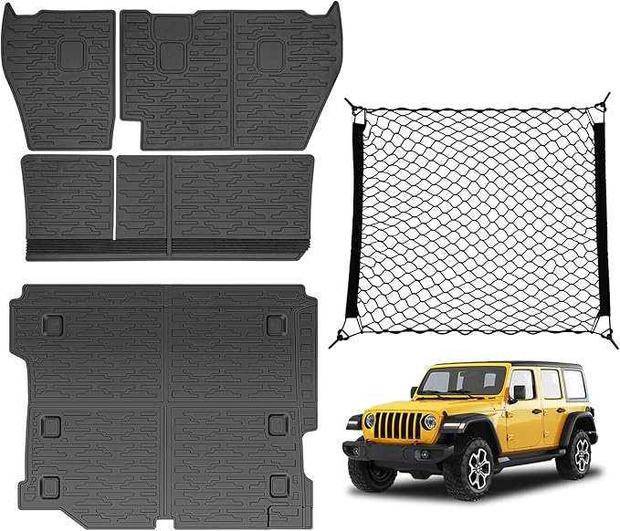 Cargo Mats with Net for 2018-2025 Jeep Wrangler JL Unlimited 4X4 Accessories All Weather Protection Rear Seat Back Cover Trunk Liner Cargo Net for 18-25 JL JLU Gas Type 4 Door(Not for 4XE)