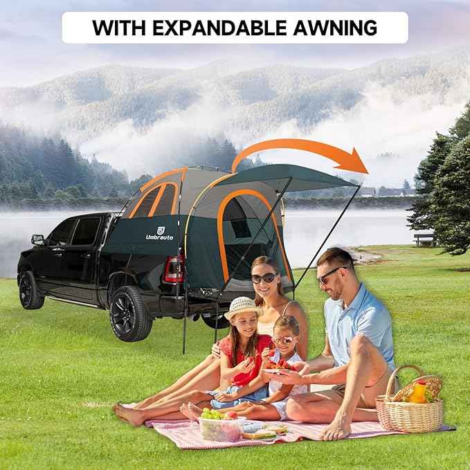 Umbrauto Truck Bed Tent with Awning: 6.4-6.7FT PU3000mm Waterproof Tailgate Pickup Truck Tents, Easy Set-up for 2 Person, Fits Full Size Short Bed, Chevy, Dodge, Ford, GMC, Green