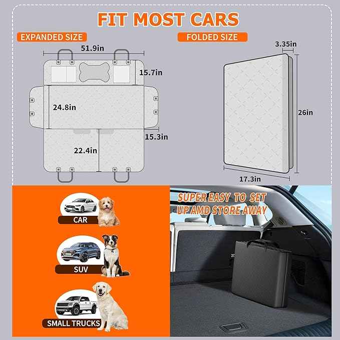 Back Seat Extender for Dogs, Large Space, Hard Bottom Car Seat Cover, Waterproof Back Seat Pet Cover, Dog Hammock for Car, Backseat Protector for Car SUV