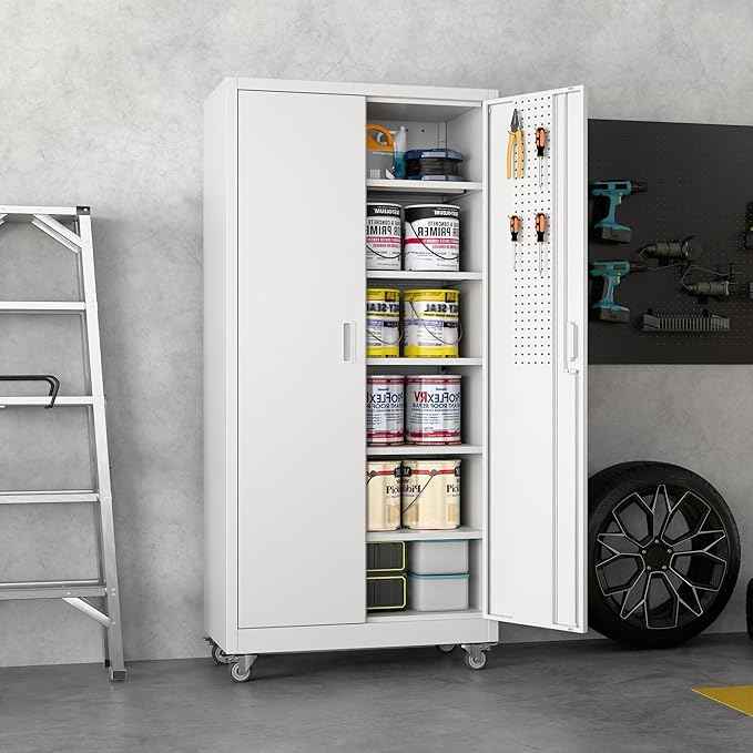 Aobabo Upgraded Garage Storage Cabinets with Wheels,Metal Storage Cabinets with 5 Adjustable Shelves for Garage Home Office Storage,White,71''H*34''W*18''D,Assembly Required