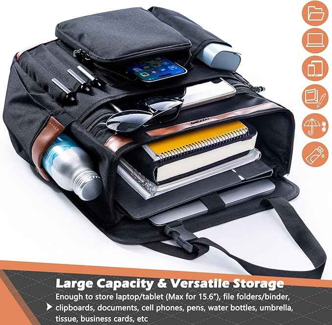 Car Seat Organizer with Laptop Compartment (Fits 15.6"), Front & Backseat Passenger Organizer with Adjustable Strap, Multiple Pockets, Portable Office Bag, Water-Resistant 1200D Polyester