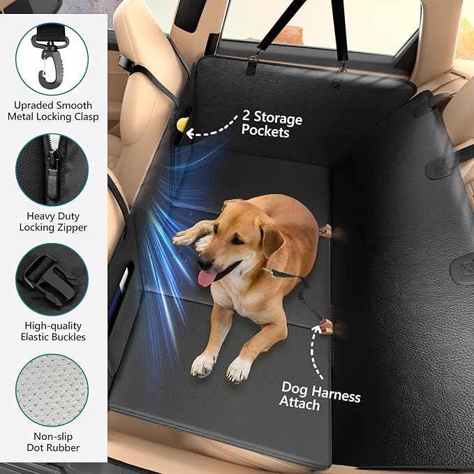Back Seat Extender for Dogs Upgraded Anti-Scratch PU Leather, Hard Bottom Dog Car Seat Cover for Back Seat, Backseat Extender for Dogs, Waterproof Dog Hammock for Car, SUV, Small Truck, Black