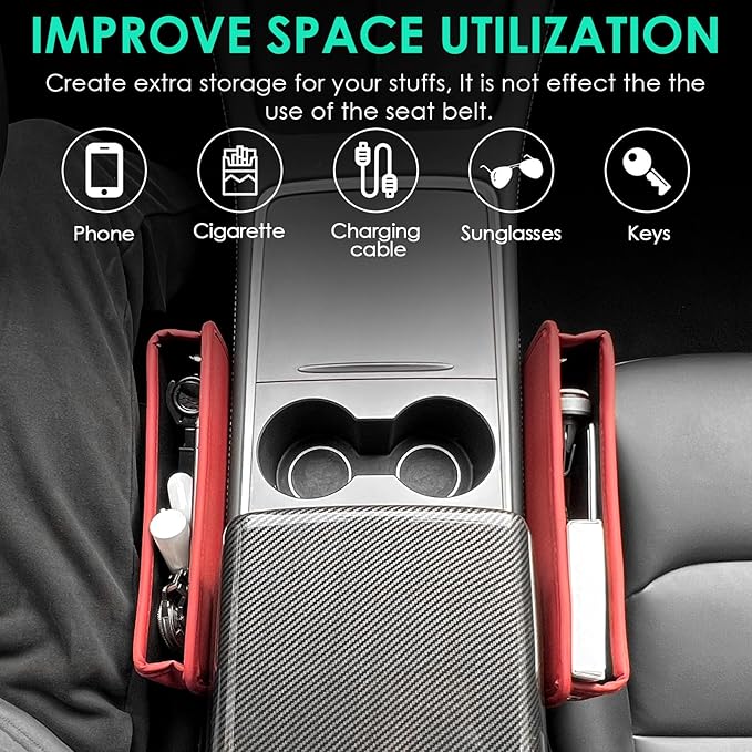 2 Pack Seat Gap Filler Organizer Compatible for Tesla Model 3 Y X S Car Leather Accessories Console Side Extra Storage Boxes Seat Crevice Box Auto Front Seat Storage Interior (Red)