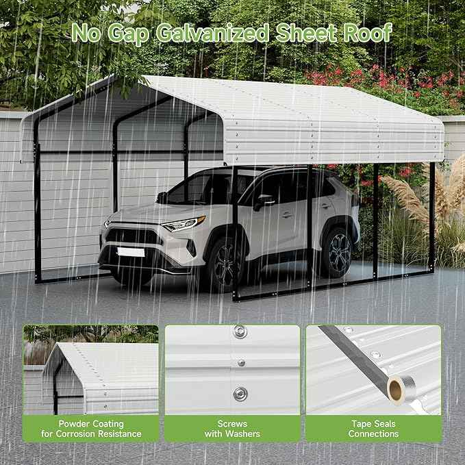 Real Relax 10x15FT Heavy Duty Metal Carport, Outdoor Carport Canopy with Galvanized Steel Roof and Reinforced Base for All-Weather, Garage Shelter Shade for Trucks, Boats, Party, Cream White