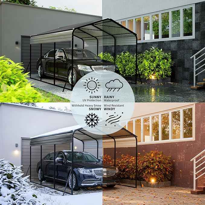 10x15 FT Metal Carport, Heavy Duty Carports Canopy with Galvanized Steel Frame & Roof, Outdoor Garage Car Port for All-Weather, Outdoor Galvanized Shelter for Car, Boats and Truck