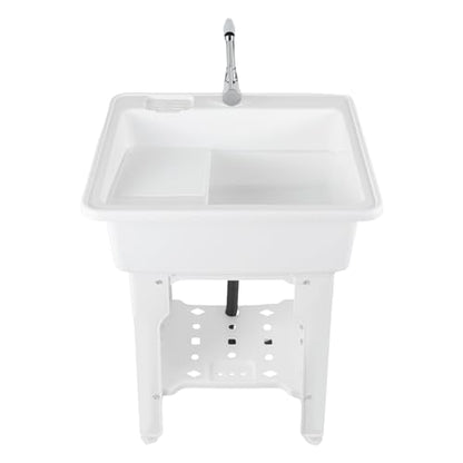 Freestanding Utility Sink Plastic Laundry Sink Spacious Laundry Tub Sink with Storage Shelf Indoor Outdoor Slop Sink Wash Station for Bathroom Laundry Washing Room