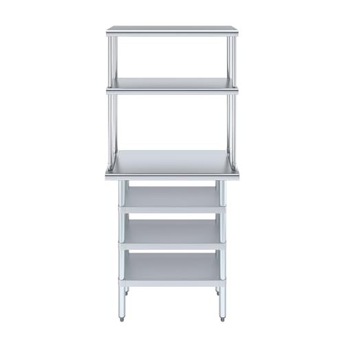 14" x 30" Stainless Steel Work Table with 3 Shelves and 12" Wide Double Tier Overshelf