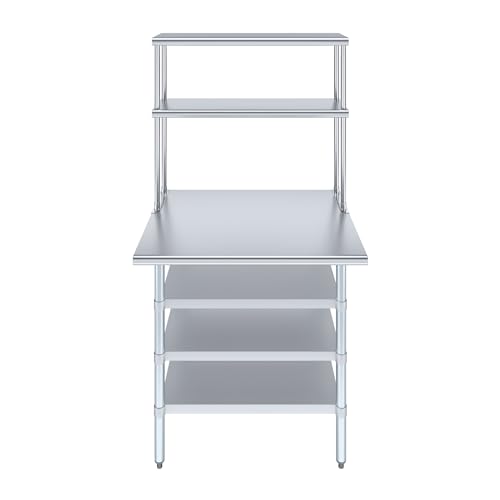 30" x 36" Stainless Steel Work Table with 3 Shelves and 12" Wide Double Tier Overshelf