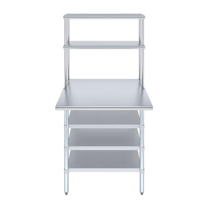 30" x 36" Stainless Steel Work Table with 3 Shelves and 12" Wide Double Tier Overshelf