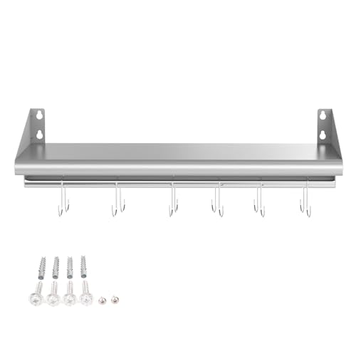 12"x36" Stainless Steel Wall Mount Floating Shelving with 6 Hooks
