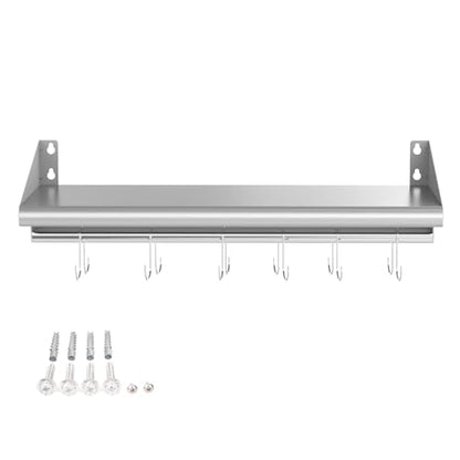 12"x36" Stainless Steel Wall Mount Floating Shelving with 6 Hooks