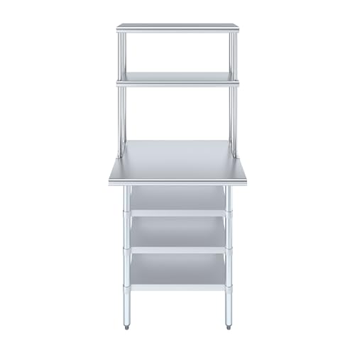 24" x 30" Stainless Steel Work Table with 3 Shelves and 12" Wide Double Tier Overshelf