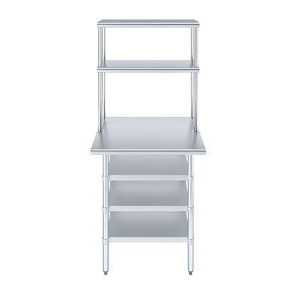 24" x 30" Stainless Steel Work Table with 3 Shelves and 12" Wide Double Tier Overshelf