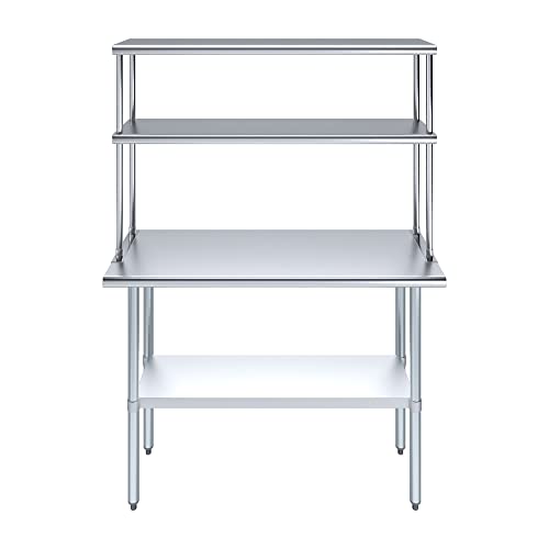Stainless Steel Work Table Double Tier Overshelf 18" x 48" Work Table + 12" Overshelf