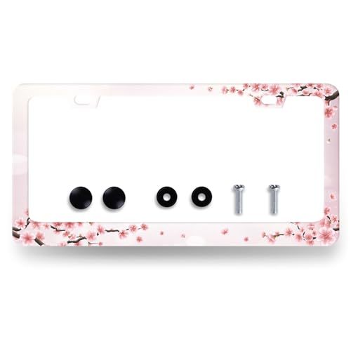 Cherry Blossom Stainless Steel Floral Pink Flowers License Frame 12.2 x 6.2