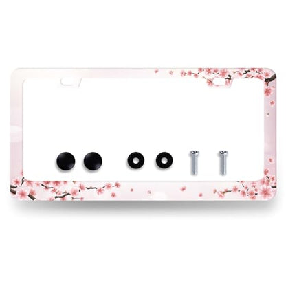Cherry Blossom Stainless Steel Floral Pink Flowers License Frame 12.2 x 6.2