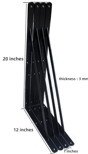 12 Pack L20 x H 12" Black Heavy Duty Shelf Brackets with Screws Metal Shelf Brackets Shelf Support Angle Brackets for Shelves L Brackets Heavy Duty Floating Shelf (12 Count)