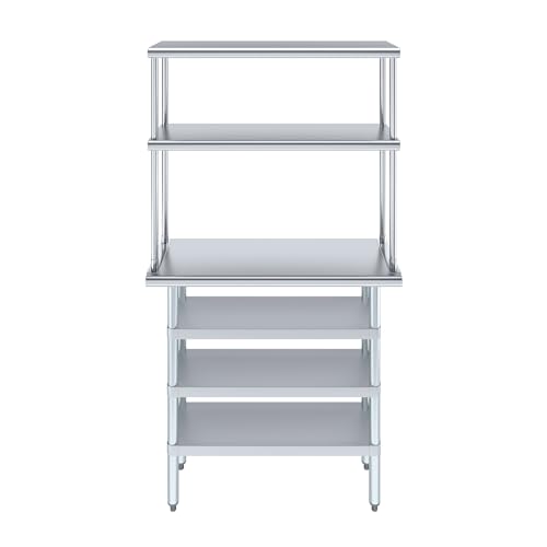 14" x 36" Stainless Steel Work Table with 3 Shelves and 12" Wide Double Tier Overshelf