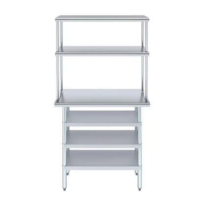 14" x 36" Stainless Steel Work Table with 3 Shelves and 12" Wide Double Tier Overshelf