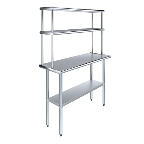 Stainless Steel Work Table Double Tier Overshelf 18" x 48" Work Table + 12" Overshelf