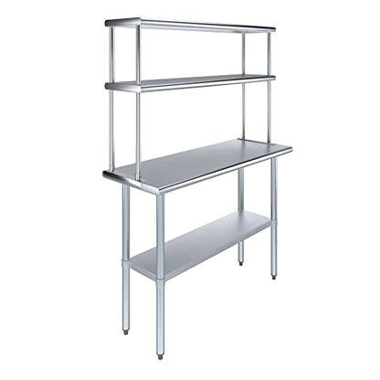 Stainless Steel Work Table Double Tier Overshelf 18" x 48" Work Table + 12" Overshelf