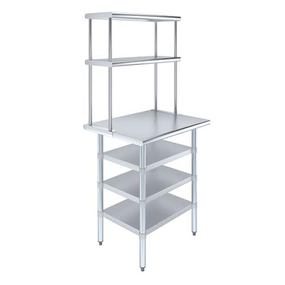 24" x 30" Stainless Steel Work Table with 3 Shelves and 12" Wide Double Tier Overshelf