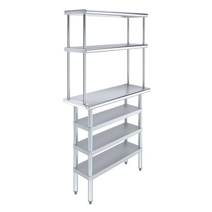 14" x 36" Stainless Steel Work Table with 3 Shelves and 12" Wide Double Tier Overshelf
