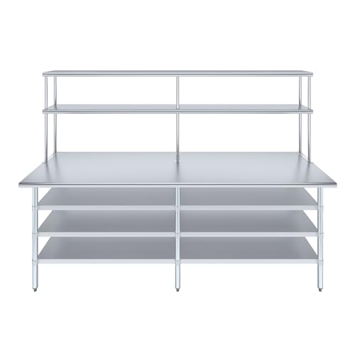 30" x 96" Stainless Steel Work Table with 3 Shelves and 12" Wide Double Tier Overshelf