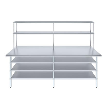 30" x 96" Stainless Steel Work Table with 3 Shelves and 12" Wide Double Tier Overshelf